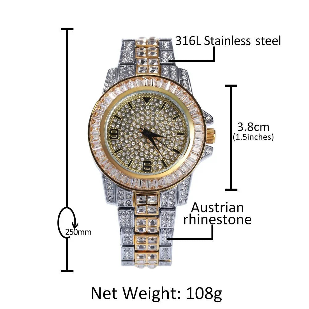 Fully Iced Out Simulated Diamond Bling Stainless Steel Hip Hop White Gold Finish Men Adjustable Size Band Custom Luxury Rapper Quartz Watch