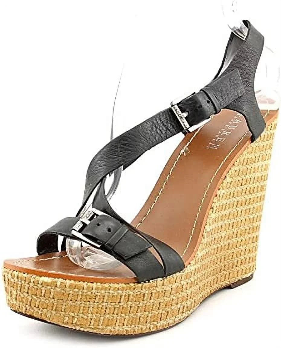 Lauren Ralph Lauren Dover Womens Size 9 Black Leather Wedge Sandals Shoes New