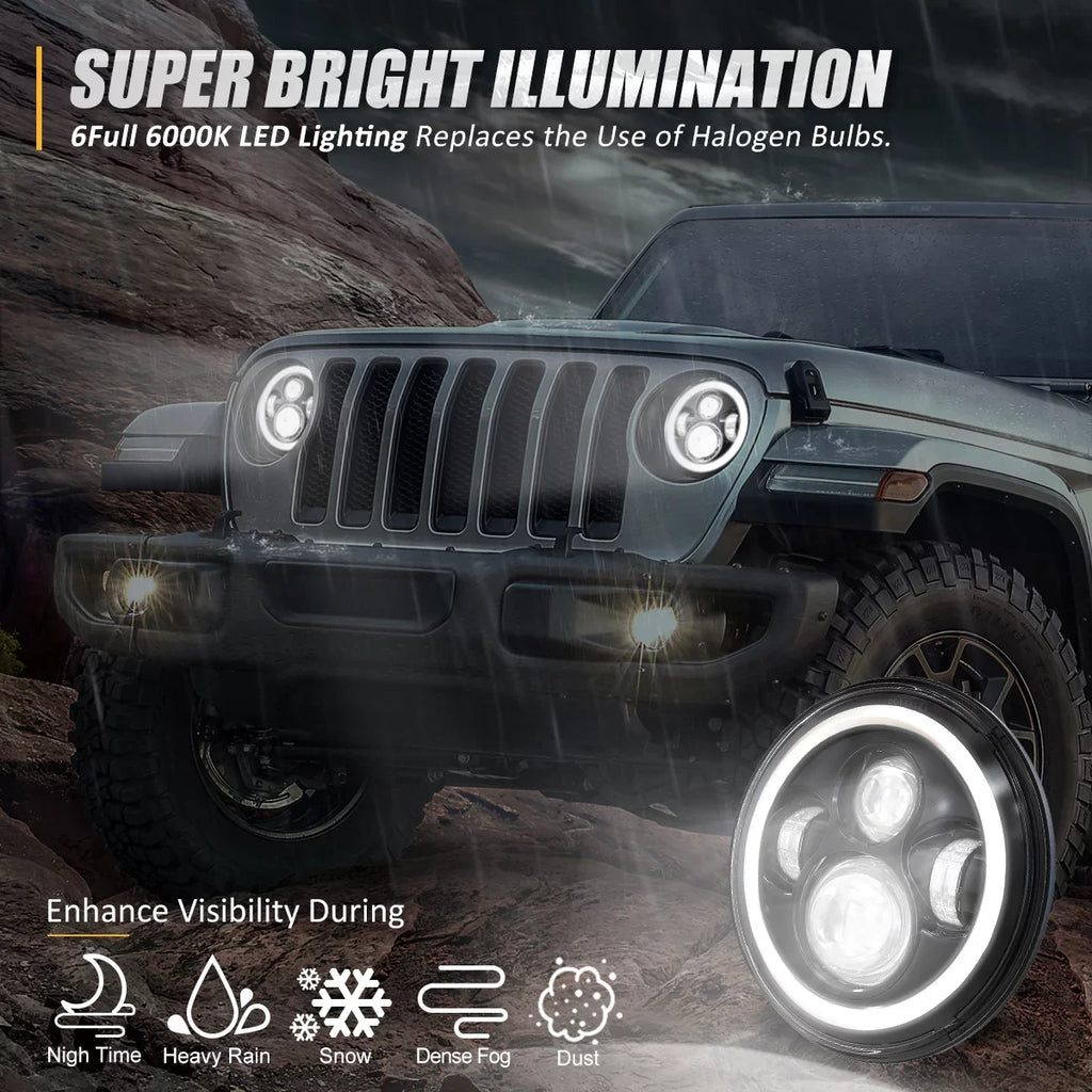 NUVISION LIGHTING NVL-HL-001H Nuvision For 1997 to 2018 Jeep Wrangler/Wrangler JK TJ LJ CJ 2Pcs 7 inches LED Halo DRL Projector Black Housing Headlights 13 14