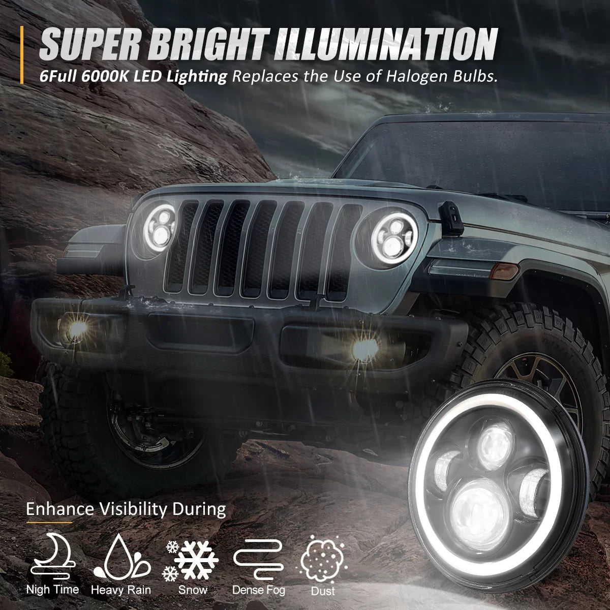 NUVISION LIGHTING NVL-HL-001H Nuvision For 1997 to 2018 Jeep Wrangler/Wrangler JK TJ LJ CJ 2Pcs 7 inches LED Halo DRL Projector Black Housing Headlights 13 14