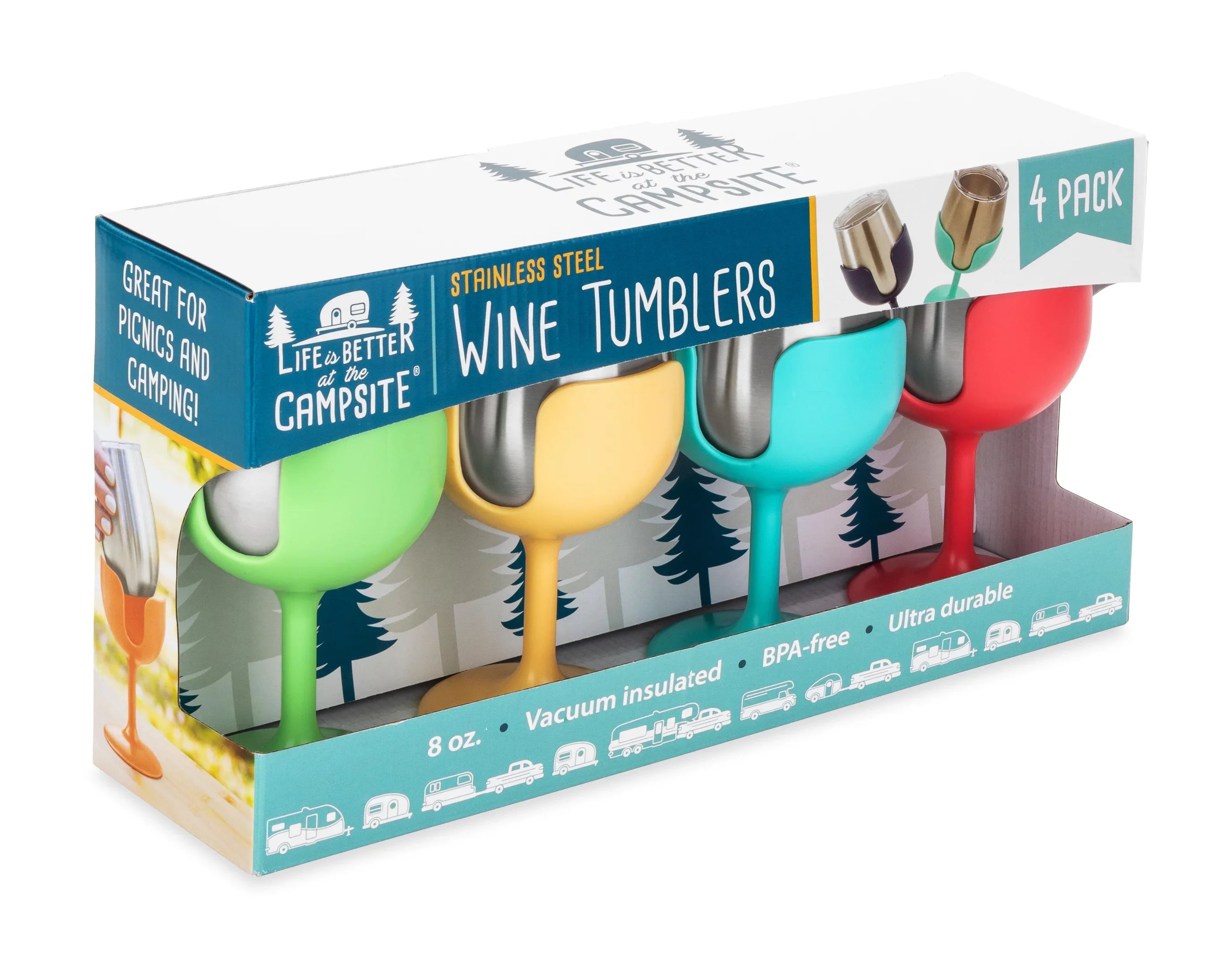 Camco Life is Better at the Campsite Wine Tumblers | Features a Vacuum Insulated Kitchen Grade 18/8 Stainless Steel Construction, 4 Colorful Removable Stems, and Comes in a 8oz Size (53068)