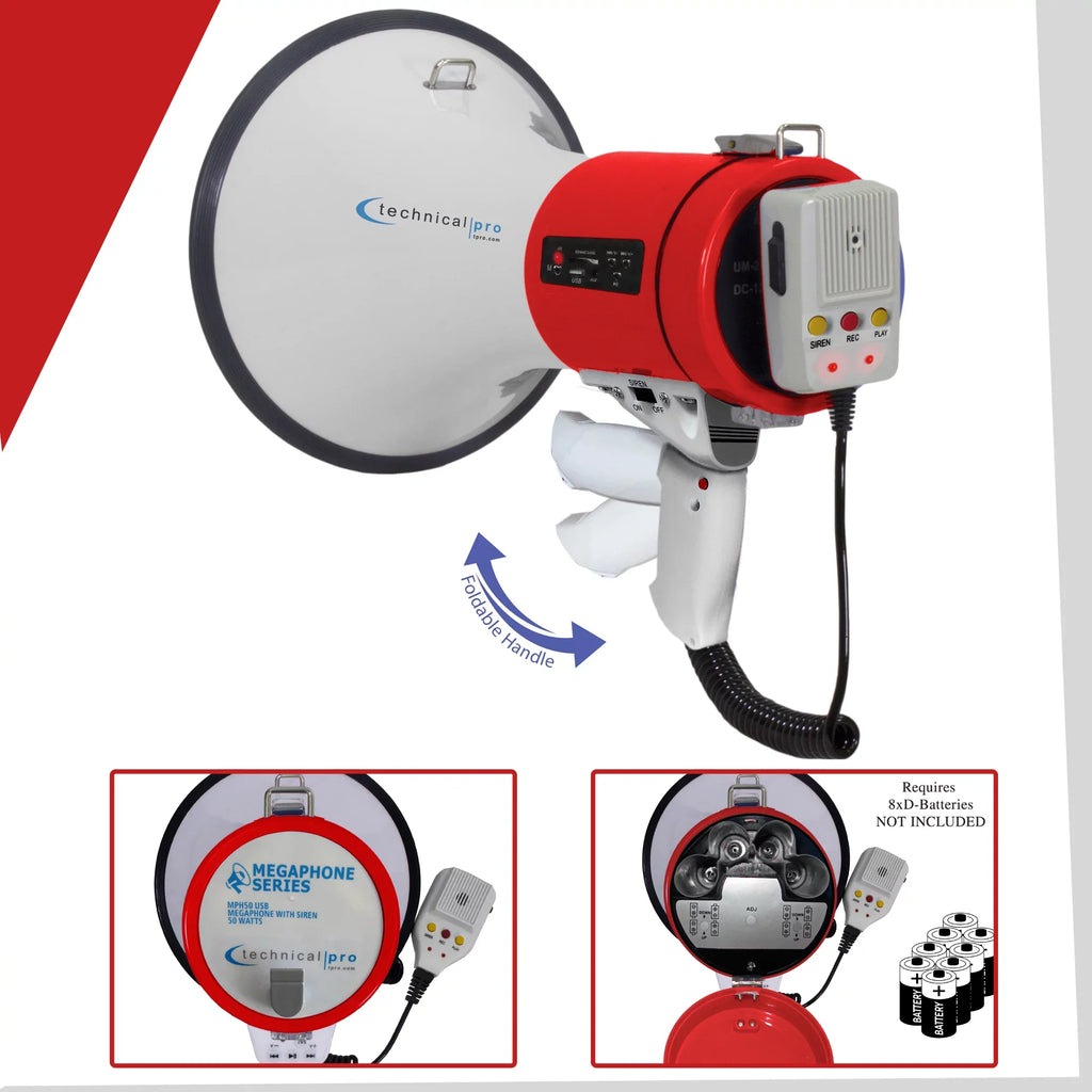 Technical Pro 75-Watt Red Megaphone Bullhorn Speaker w/ Siren, Detachable Microphone, Portable Lightweight Strap Detachable PA - Professional Outdoor Voice for Police And Cheer leading