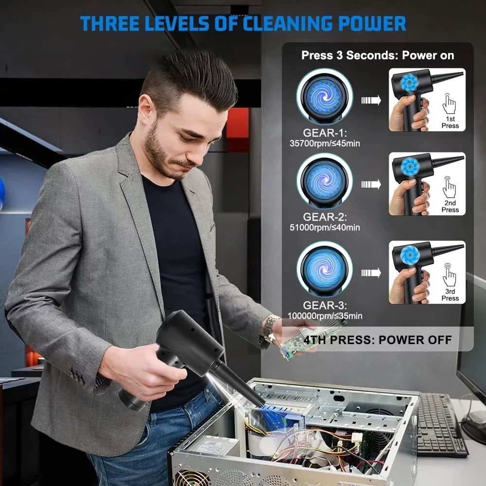 Compressed Air Duster 100000RPM Electric Air Duster, Rechargeable Cordless 7600mAh 3 Gears Adjustment, Keyboard & Computer Cleaner for Office, Reusable Good Replacement for Compressed Air Cans