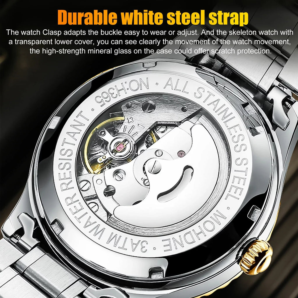 FNGEEN Men's Automatic Mechanical Stainless Steel Retro Luxury Hollow Dial Watch
