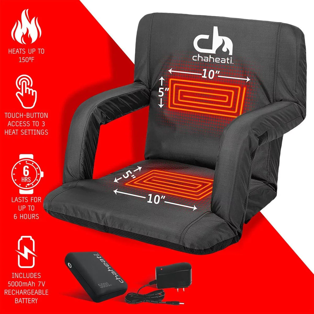 Chaheati 7 V Heated Folding Bleacher Seat in Black – Battery Heated Chair For Camping, Sports, And Outdoor Activities