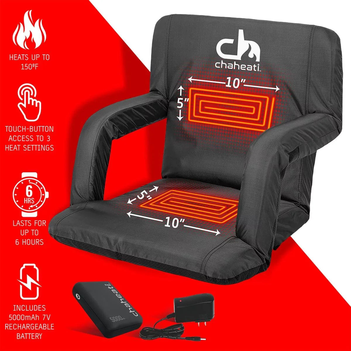 Chaheati 7 V Heated Folding Bleacher Seat in Black – Battery Heated Chair For Camping, Sports, And Outdoor Activities