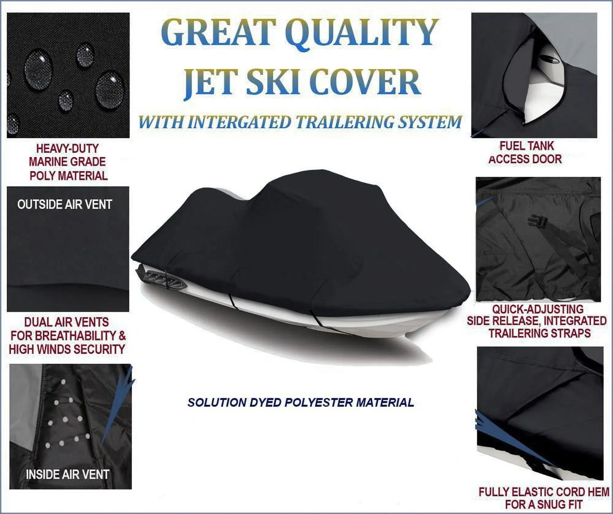 BLACK 600 DENIER JetSki Cover Compatible for Jet Ski Cover PWC Cover Compatible for Kawasaki 750 STX 1994 1995 1996 1997 1998