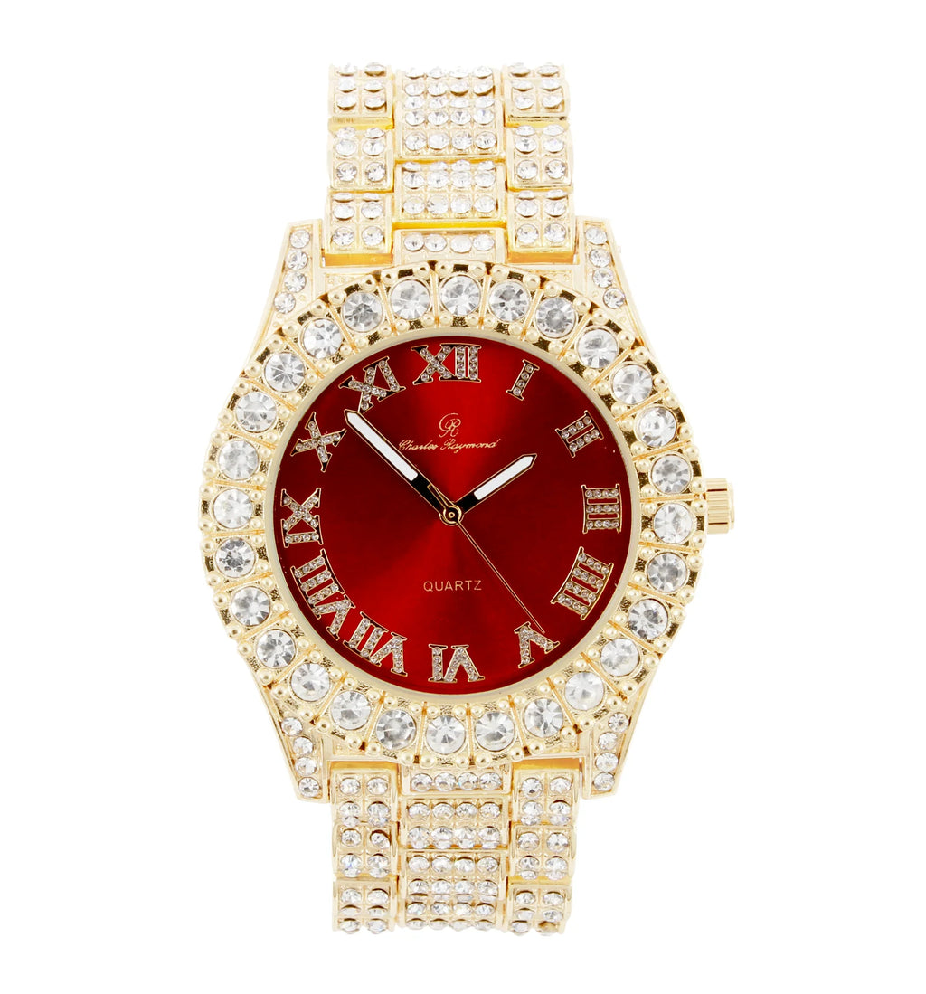 Charles Raymond Ice on Blast! Blinged Out Hip Hop Rolly Looks with Iced Out Wristwatch Trim and Band with Matching Zig Zag Bling'ed Out Necklace Sets - ZZ Necklace Sets - Gold - Red