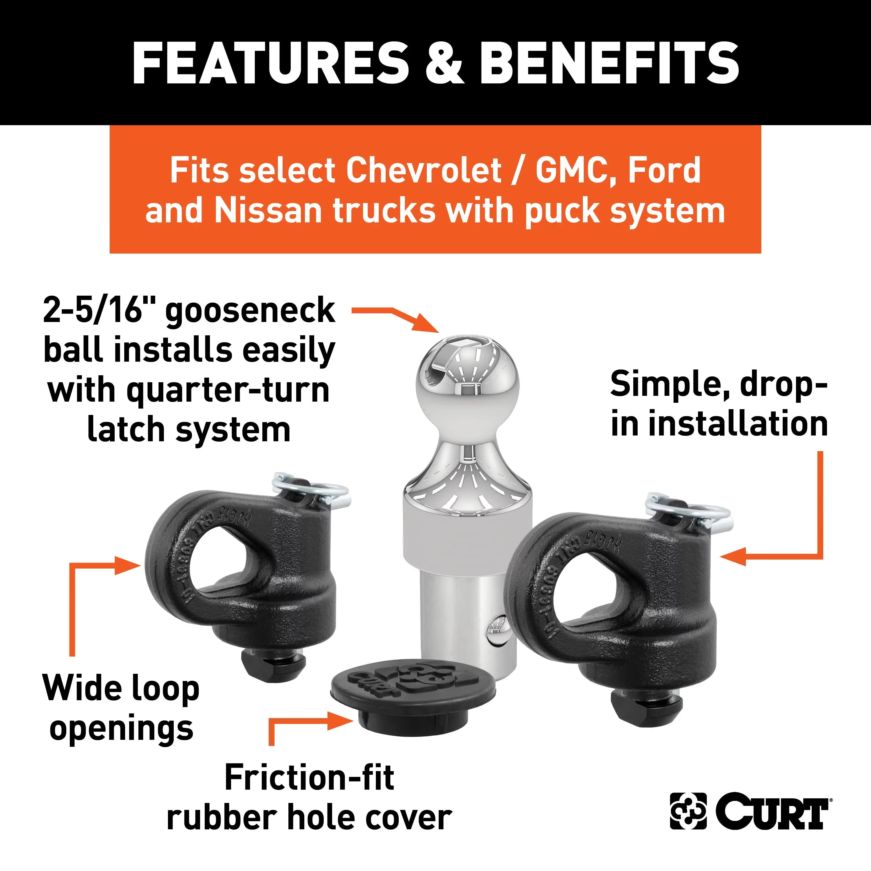 CURT Mfg 60692 OEM-Compatible Gooseneck Ball & Safety Chain Anchor Kit for GM - Fits GM pickup trucks with factory tow packages | Includes storage case and rubber hole cover