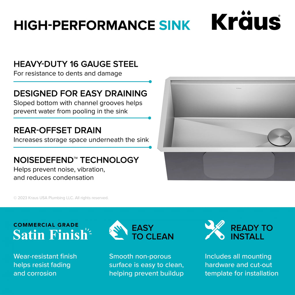 Kraus Kore 28Undermount Workstation 16 Gauge Stainless Steel Single Bowl Kitchen Sink with Accessories