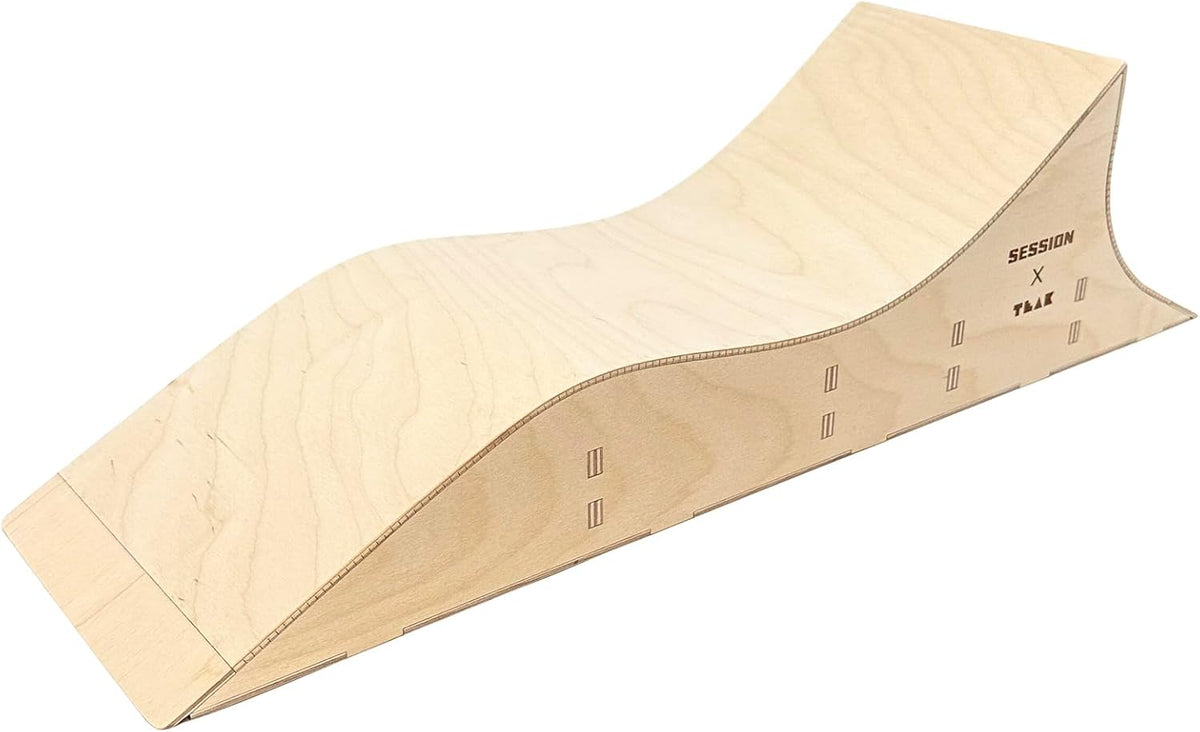 Teak Tuning x Session Fingerboard Quarter Pipe + Mellow Wave Ramp -The Shark - with Roller Coaster Ramp Section and Wall Ride - 20 inch Long - Hand Made in USA