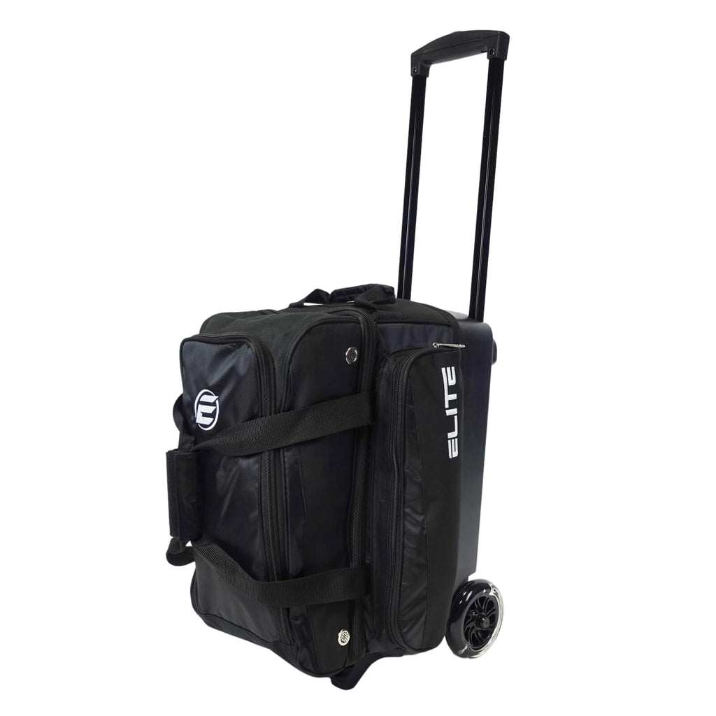 ELITE Deluxe 2 Ball Bowling Bag with 5" Smooth Wheels - Large Accessory Pocket, Shoe Compartment, 36" Extendable Handle