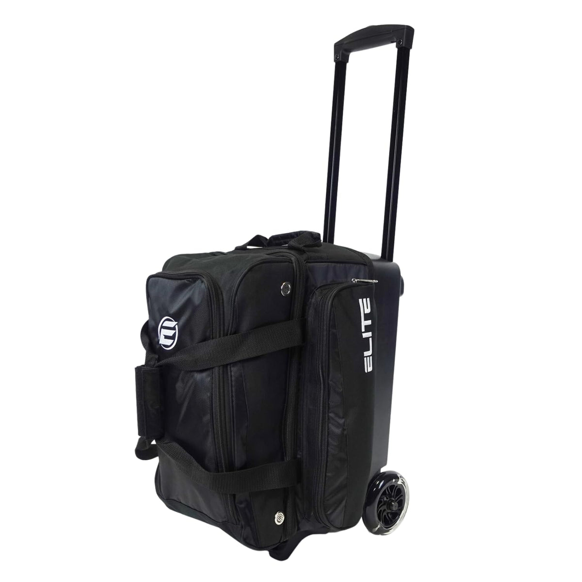 ELITE Deluxe 2 Ball Bowling Bag with 5" Smooth Wheels - Large Accessory Pocket, Shoe Compartment, 36" Extendable Handle