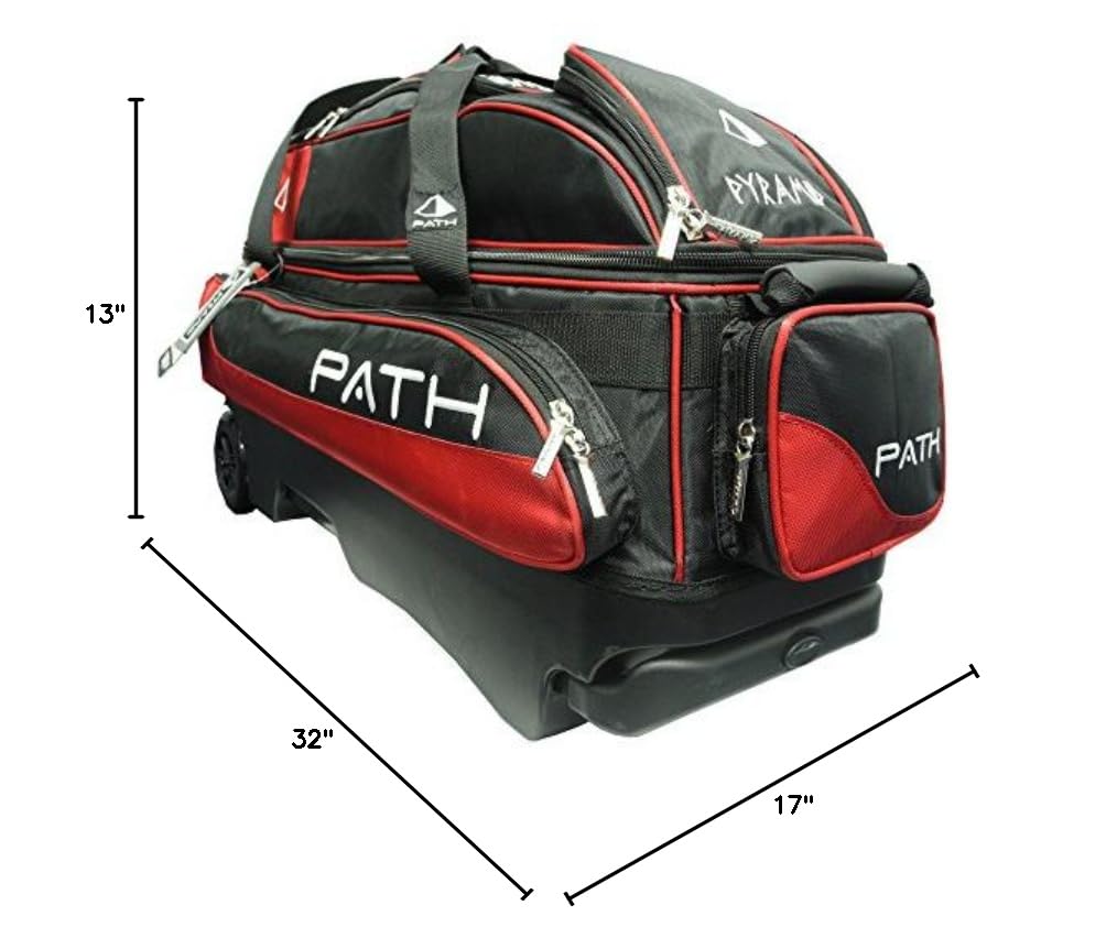 Pyramid Path Triple Premium Deluxe Roller Bowling Bag With Extra Large Separate Shoe Compartment (Up To US Mens Size 16) and 5 Accessory Pockets, 5" Wheels, Retractable Locking Handle - Extends to 42"