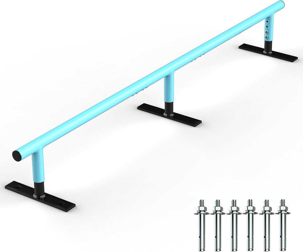 AUH Skateboard Ramp Grind Rail 71 inch, Round Skate Rail for for Scooters, Skateboards & Inline Skates, Adjustable Height, Blue