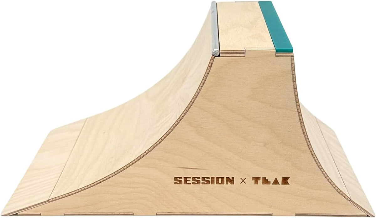 Teak Tuning x Session The Wall XL Double Quarter Pipe with Wall Ride, Fingerboard Obstacle Made of Baltic Birch Wood, Aluminum Coping, Custom Matte Acrylic, Teal, 12.75 x 7.88 x 6 inches