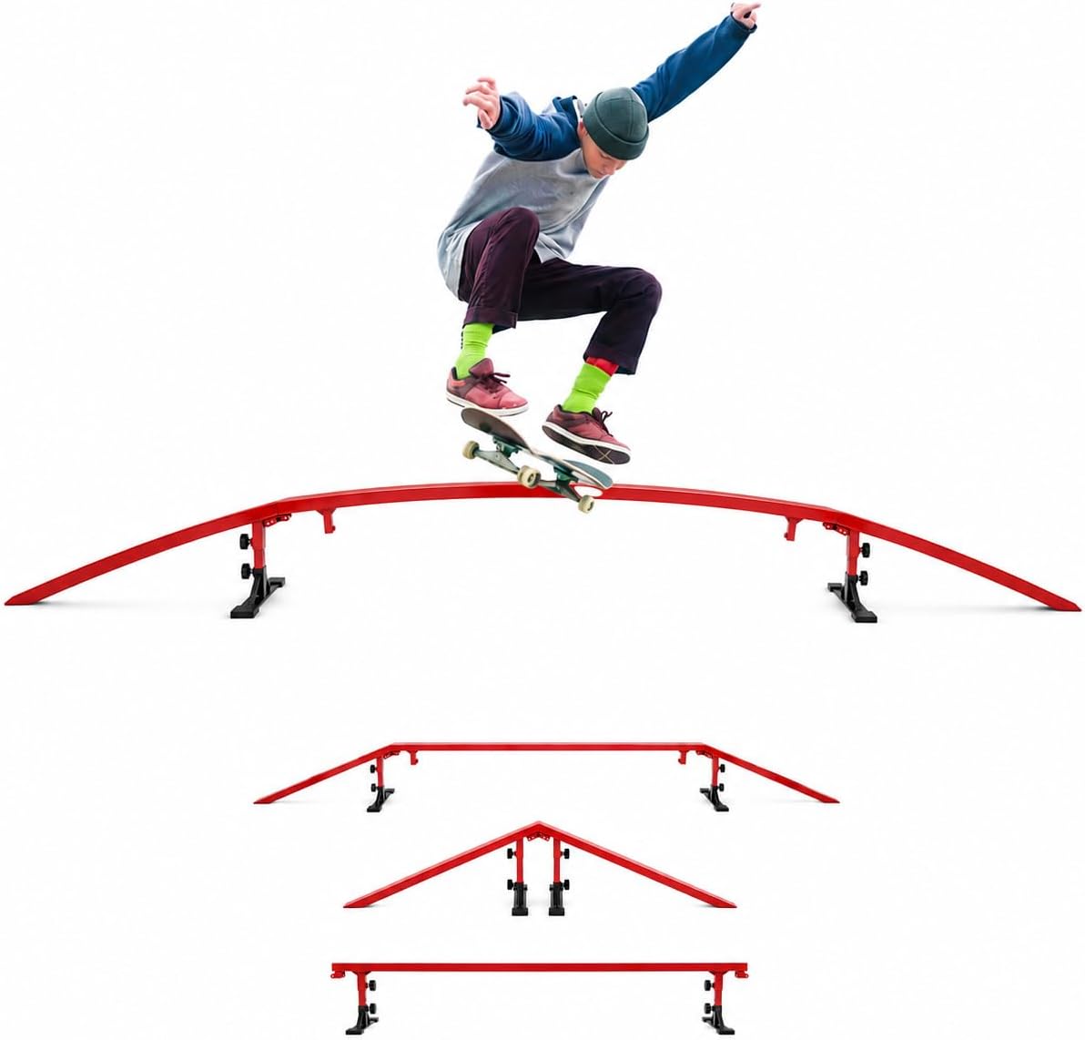 Ultimate Skateboard Rail Grindrail Kit - Modular Adjustable Grind Ramp Multi-Sport Rail for Skate, BMX Bike, Roller, Snowboard, Scooter, Rainbow Flat Incline Rail