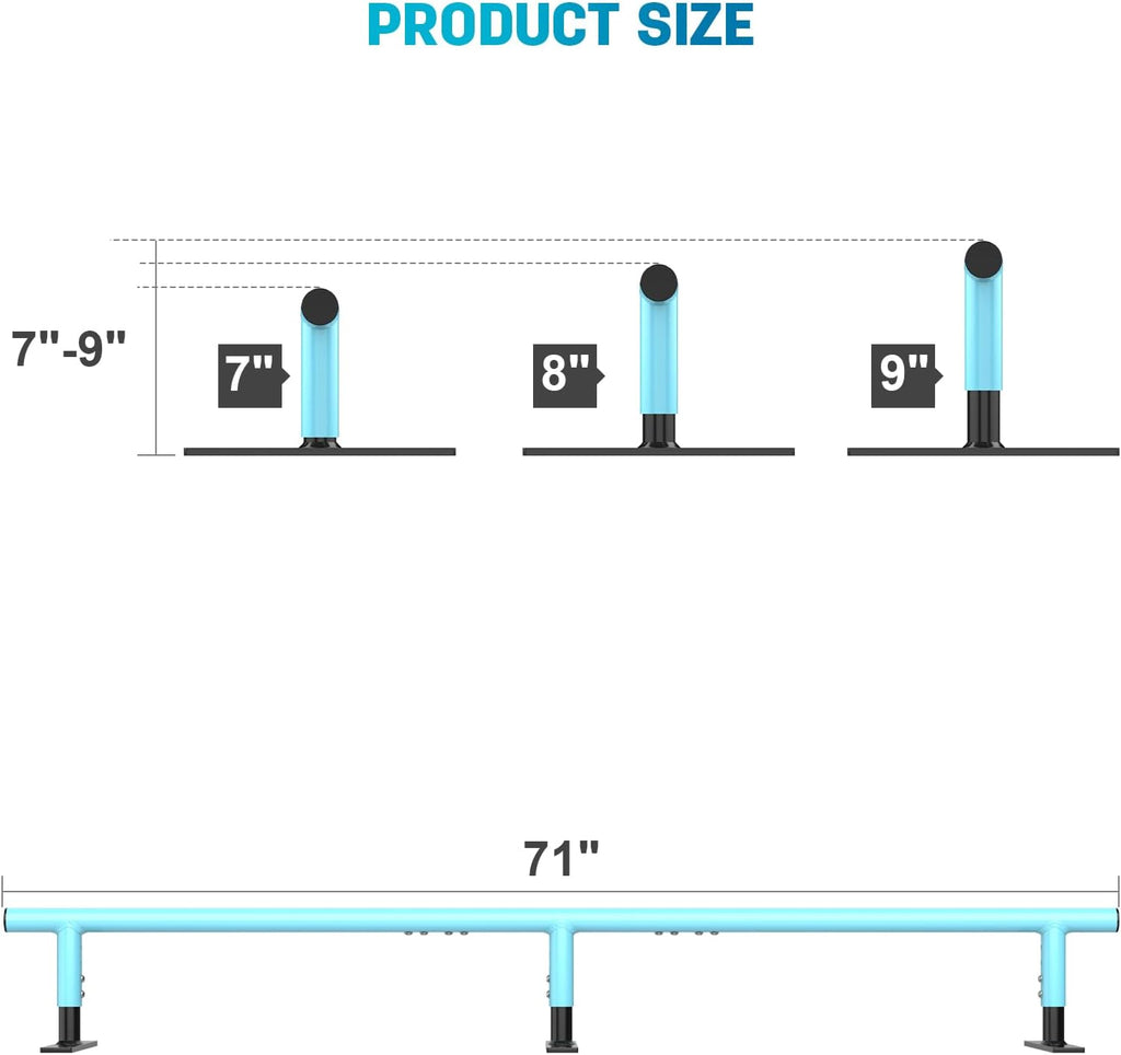 AUH Skateboard Ramp Grind Rail 71 inch, Round Skate Rail for for Scooters, Skateboards & Inline Skates, Adjustable Height, Blue