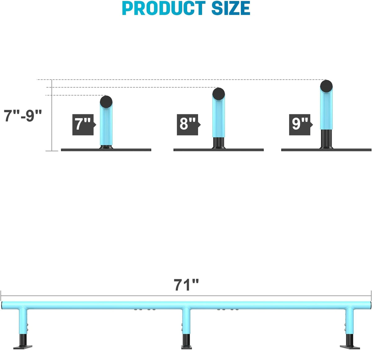 AUH Skateboard Ramp Grind Rail 71 inch, Round Skate Rail for for Scooters, Skateboards & Inline Skates, Adjustable Height, Blue