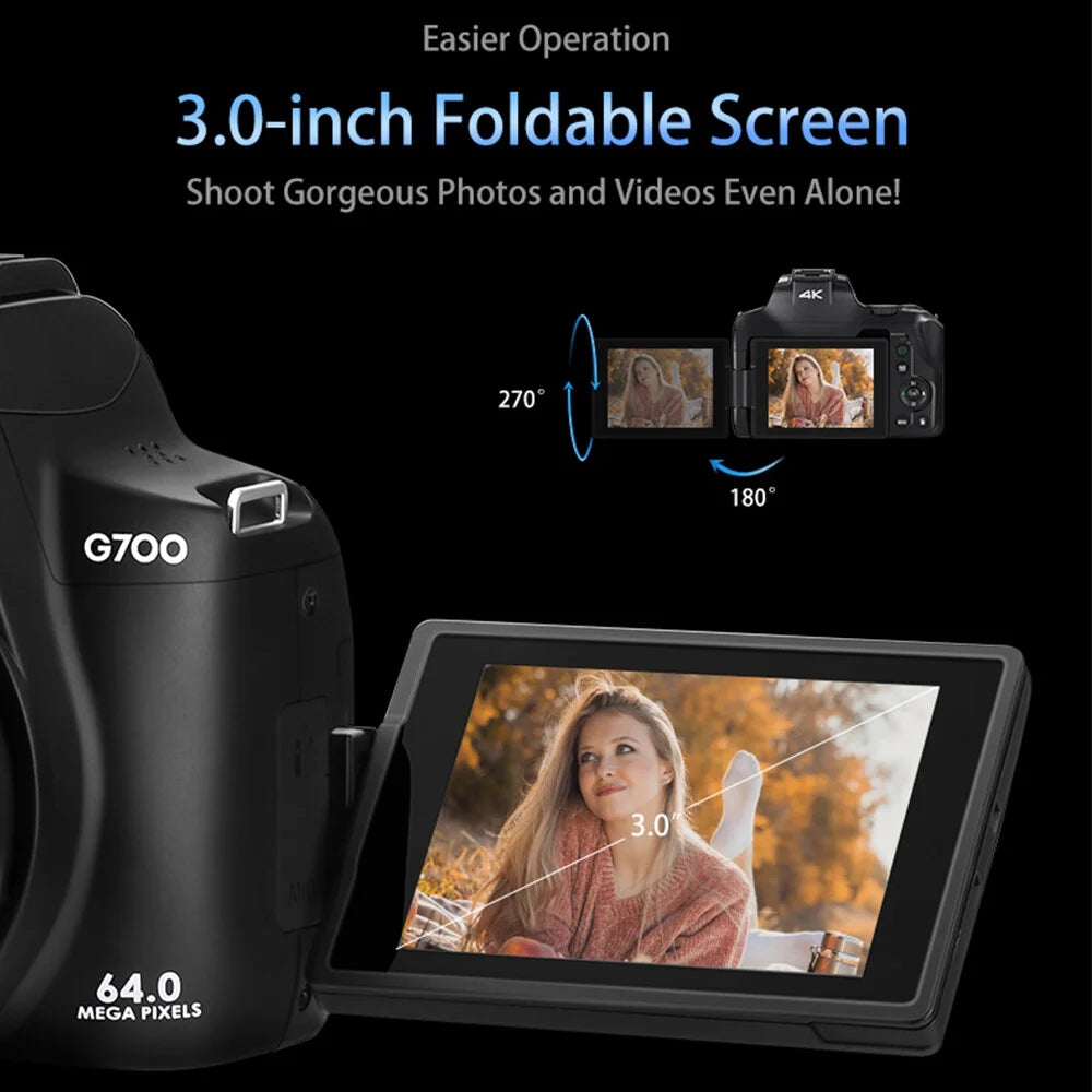 ORDRO G700 4K Digital Camera WiFi Digital Video Camera Camcorder 64MP 3.0 Inch IPS Screen 12X Optical Zoom Auto/Manual Focus Built-in Flash Battery Electronic Stabilization with Strap for Vlogging