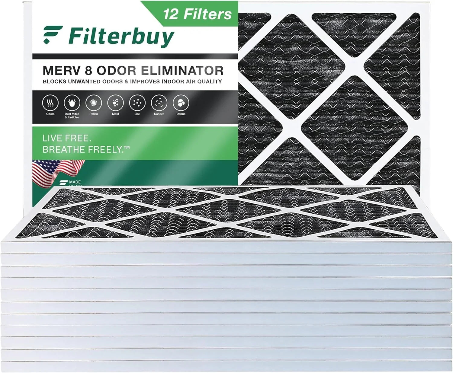 Filterbuy 10x24x1 MERV 8 Odor Eliminator Pleated HVAC AC Furnace Air Filters with Activated Carbon (12-Pack)