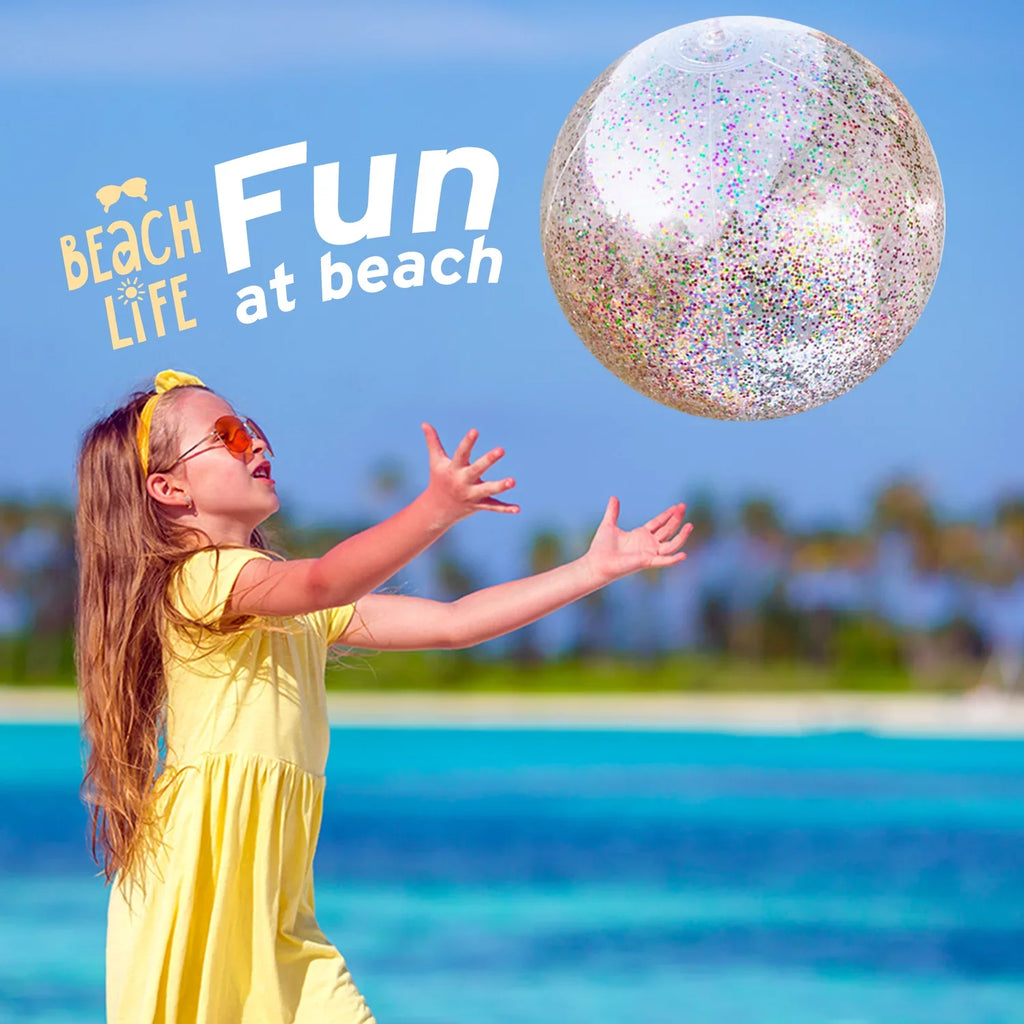 Junipel Inflatable Beach Glitter Ball with Confetti 16 & 24 Inch Premium Beach Theme Water Sand Toy for Beach Party Decoration, Pool Party Supplies Summer Beach Balls -Set of 6 |