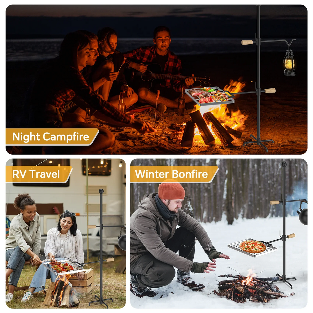 Mr IRONSTONE Campfire Grill Grate - Heavy Duty Steel, Swivel Handle, Adjustable Height and Rotation - Perfect for Outdoor Barbecue, Camping and Cooking