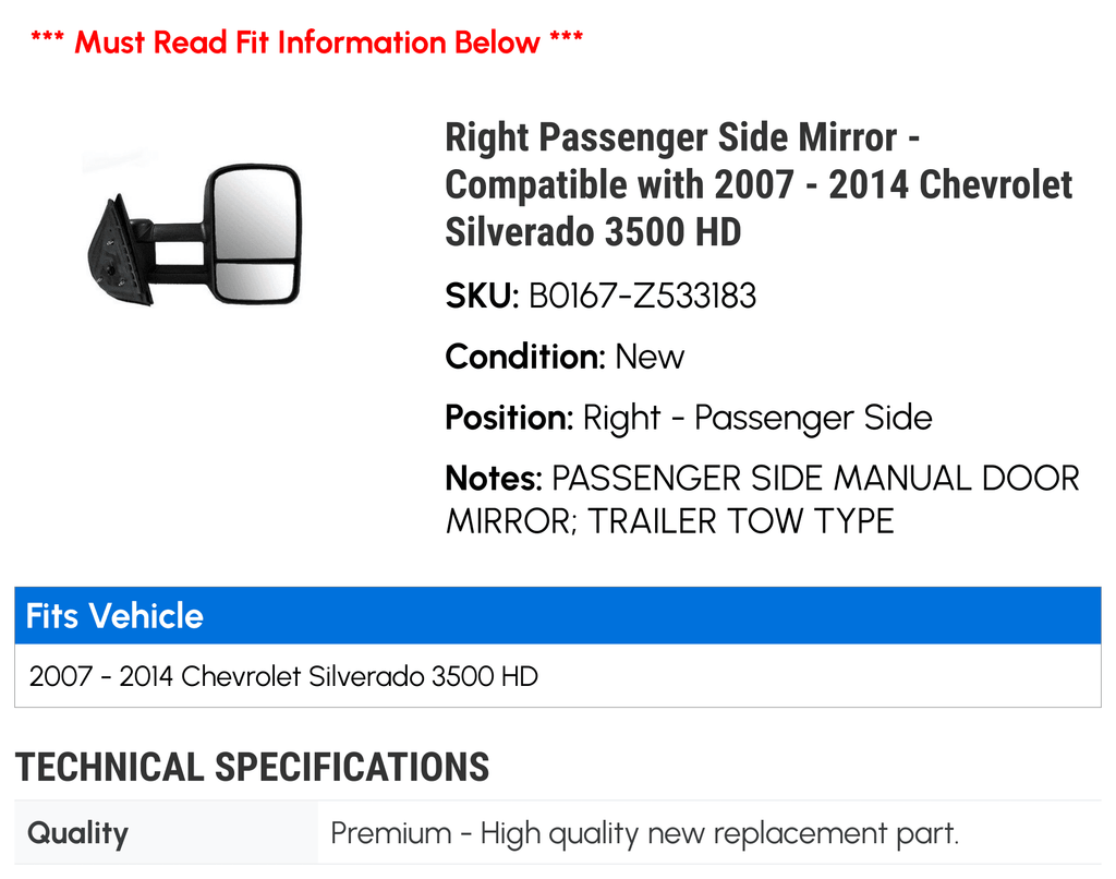 Right Passenger Side Mirror - Compatible with 2007 - 2014 Chevy Silverado 3500 HD 2008 2009 2010 2011 2012 2013