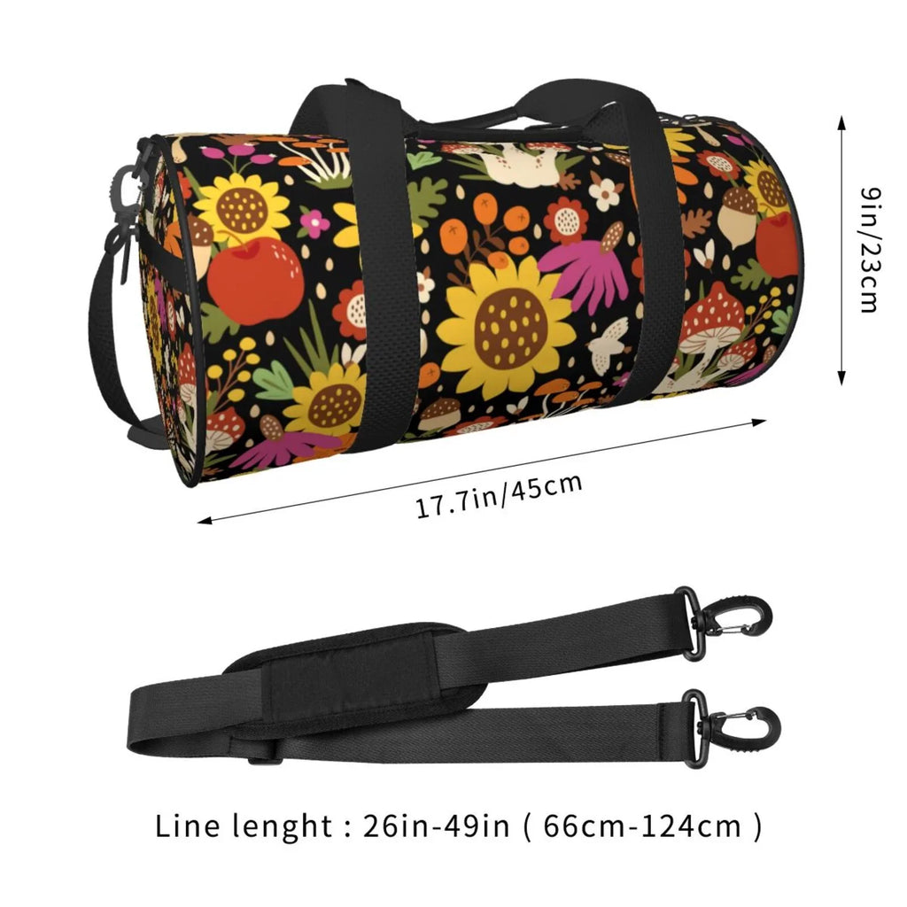 Coaee Sunflowers Mushrooms Large Capacity Travel Luggage Bag Cylinder Gym Bag Waterproof Sports Bag with Pocket and Compartment