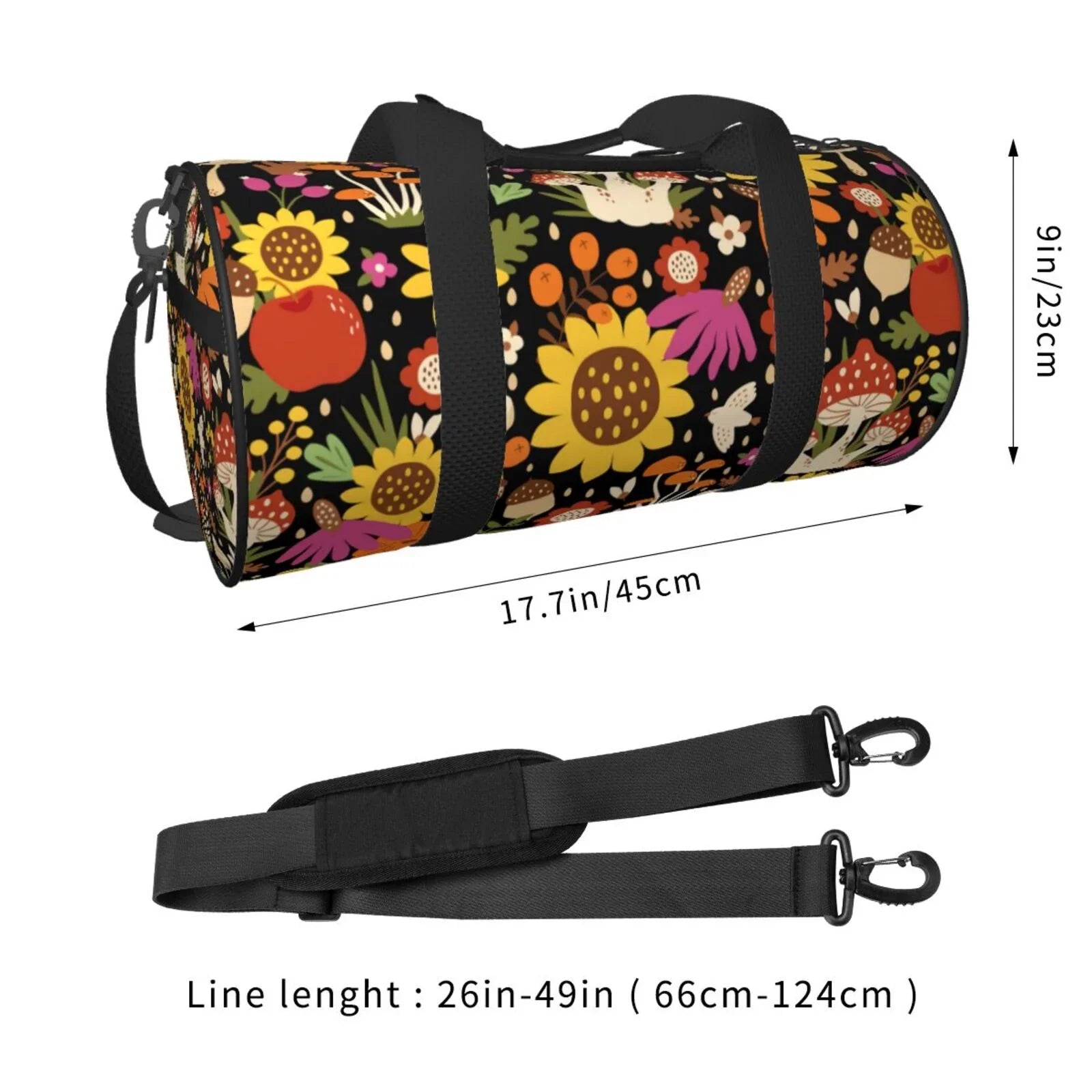 Coaee Sunflowers Mushrooms Large Capacity Travel Luggage Bag Cylinder Gym Bag Waterproof Sports Bag with Pocket and Compartment