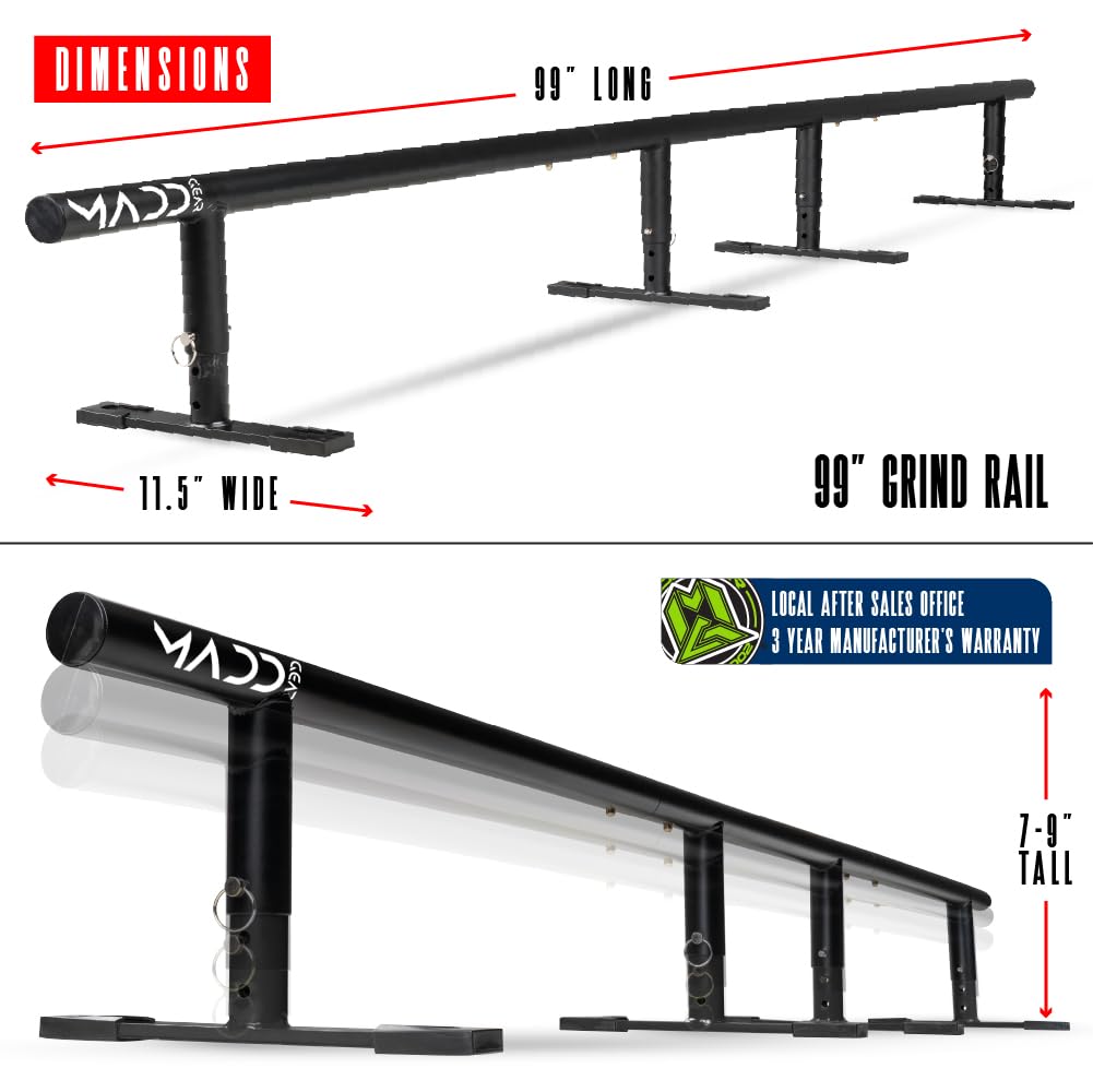 Madd Gear 99" Round Grind Rail for Scooters, Skateboards & Inline Skates â Adjustable Height