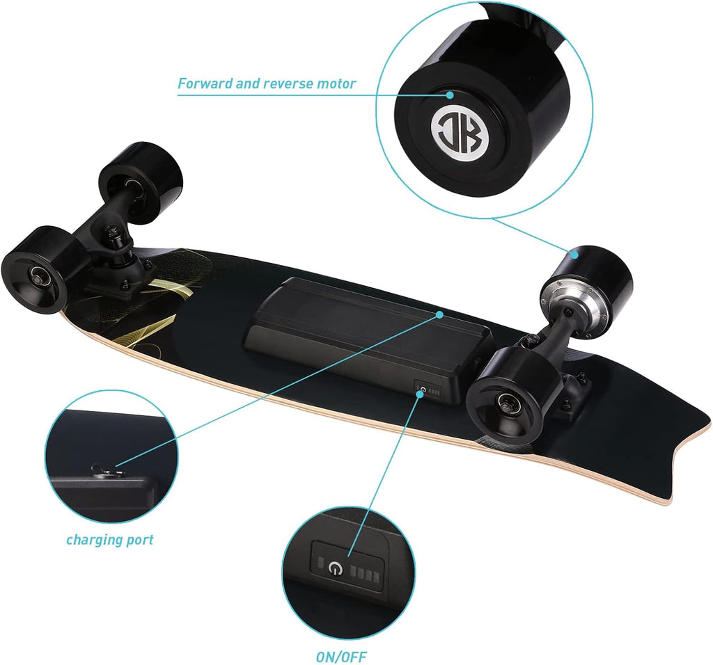 Electric Skateboard Electric Longboard with Remote Control Electric Skateboard,350W Hub-Motor,12.4 MPH Top Speed,5.2 Miles Range,3 Speeds Adjustment, 6 Months Warranty