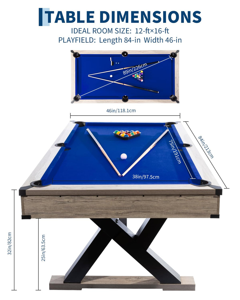 7 ft Pool Table Set, 84in Bar-Size Billiard Table w/Metal Support