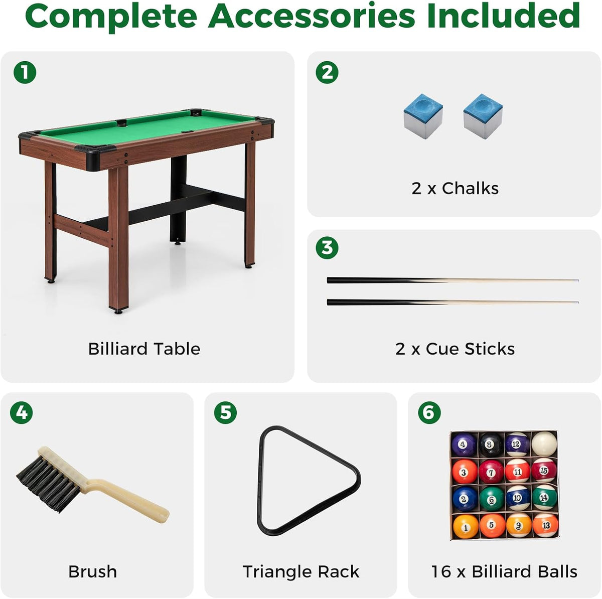 GYMAX Pool Table, 48 Inch Wooden Billiard Tables with 16 Balls, 2 Cue Sticks, 2 Chalks and Brush, Snooker Table Mini Pool Table for Kids, Family, Party