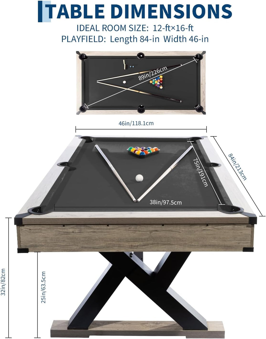 7 ft Pool Table Set, 84in Bar-Size Billiard Table w/Metal Support