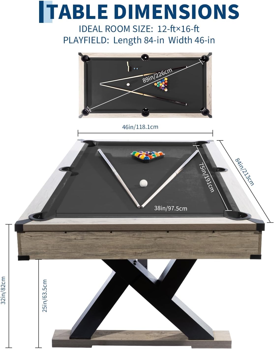7 ft Pool Table Set, 84in Bar-Size Billiard Table w/Metal Support