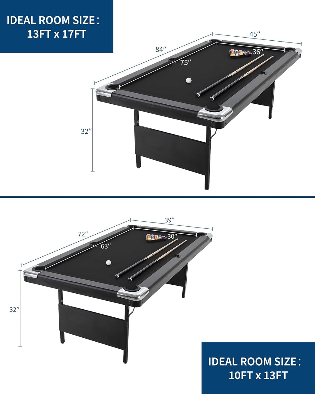 6,7 Foot Foldable Pool Table, Portable Billiards Table for Adults with Full Accessories Set, Mesa De Billar Includes 16 Balls, 2 Cue Sticks, Chalk, Rack & Brush, Game Room Table for Home