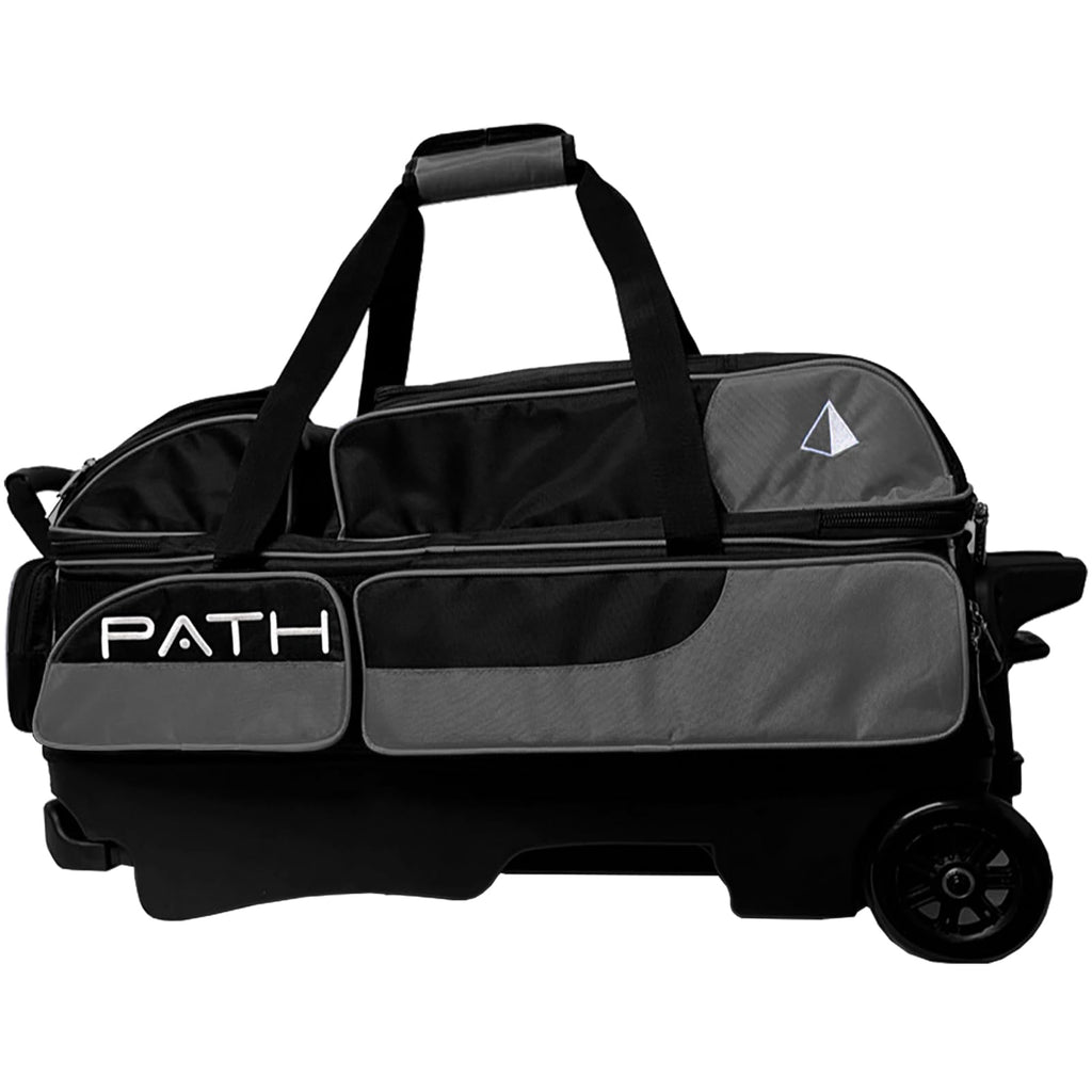 Pyramid Path Triple Premium Deluxe Roller Bowling Bag With Extra Large Separate Shoe Compartment (Up To US Mens Size 16) and 5 Accessory Pockets, 5" Wheels, Retractable Locking Handle - Extends to 42"