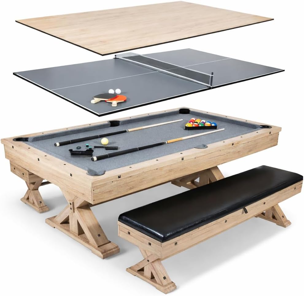 7-Foot 3-in-1 Multi-Game Pool Table, Table Tennis, Dining Top, with Benches
