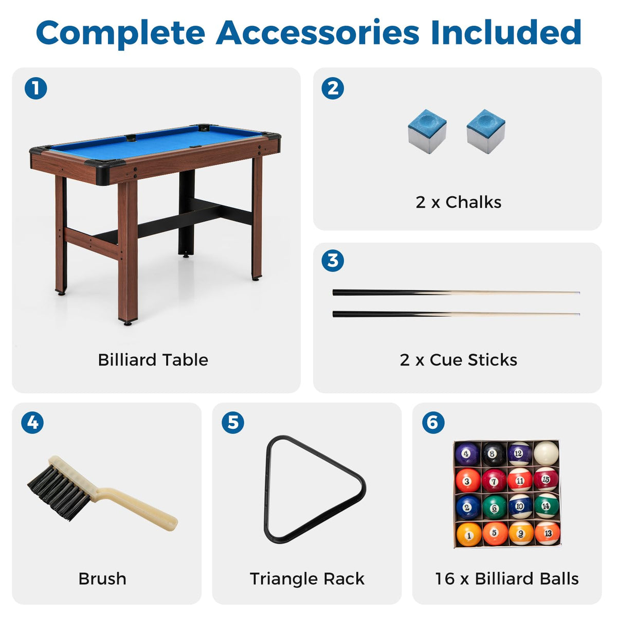 GYMAX Pool Table, 48 Inch Wooden Billiard Tables with 16 Balls, 2 Cue Sticks, 2 Chalks and Brush, Snooker Table Mini Pool Table for Kids, Family, Party