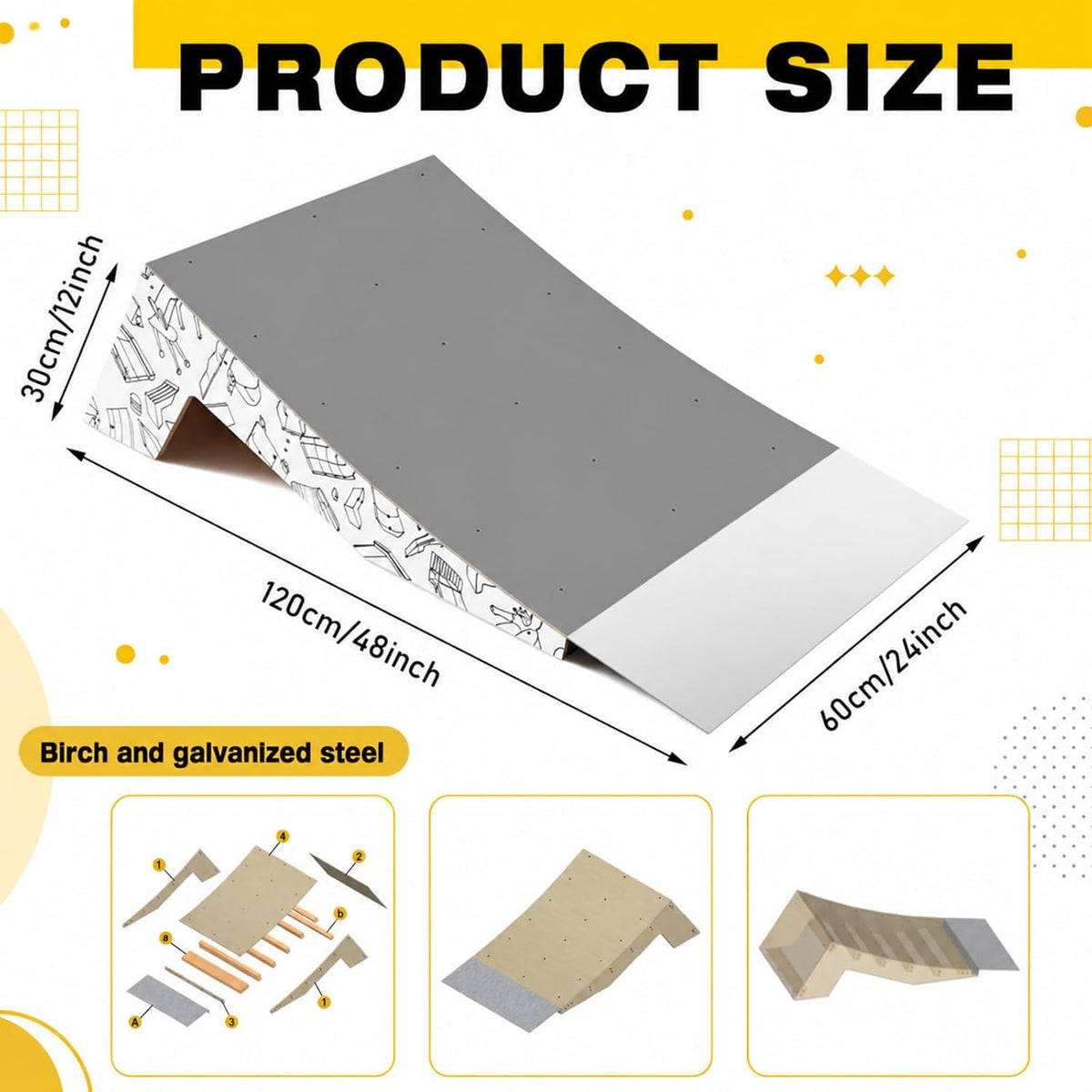 AceOrbit Quarter Pipe Skate Ramp, Beginners Wood Skateboard Bike Ramp for Home Professional Use, Gifts for Skateboarders, Works with BMX, Scooters & Inline Skates