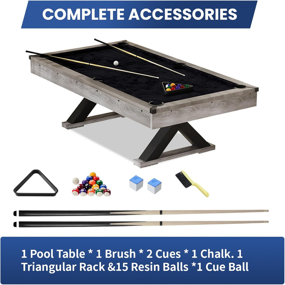 84" Rustic Grey Pool Table with X-Shaped Legs and Black Cloth â Includes Billiard Balls, Cues, and Accessories for Game Room & Home Entertainment (Grey Finish)