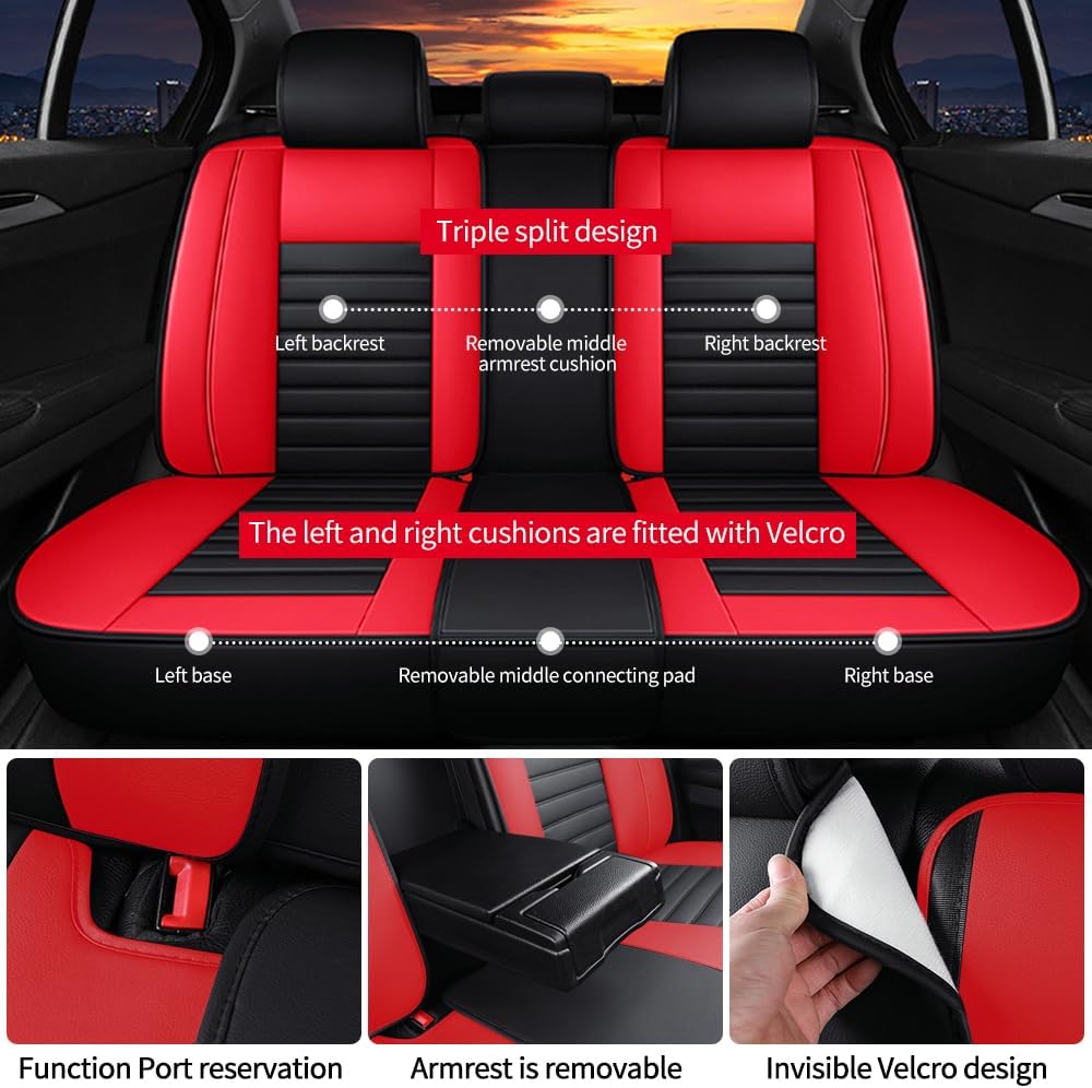 Leather Car Seat Covers for Chevy Avalanche 2002-2013,Car Seat Covers Full Set,Seat Covers with Safety,Waterproof Seat Cover Compatible Airbag(5pcs Black&Red Bars Luxury)