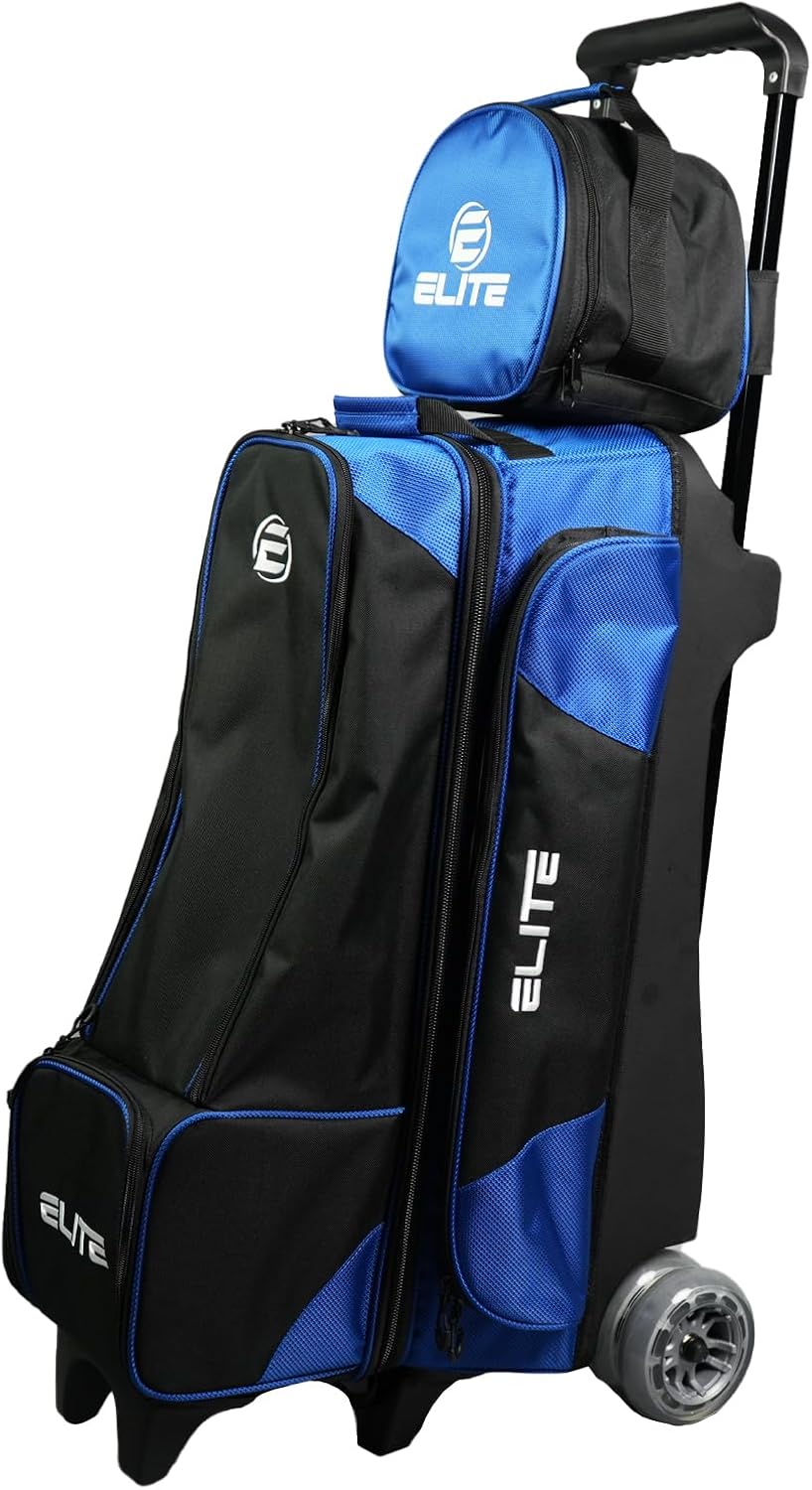 ELITE Deluxe 3-4-5 Bowling Ball Roller Bag with (4) 5" Smooth Wheels - 4 Large Accessory Pockets, Shoe Compartment, Extendable Handle