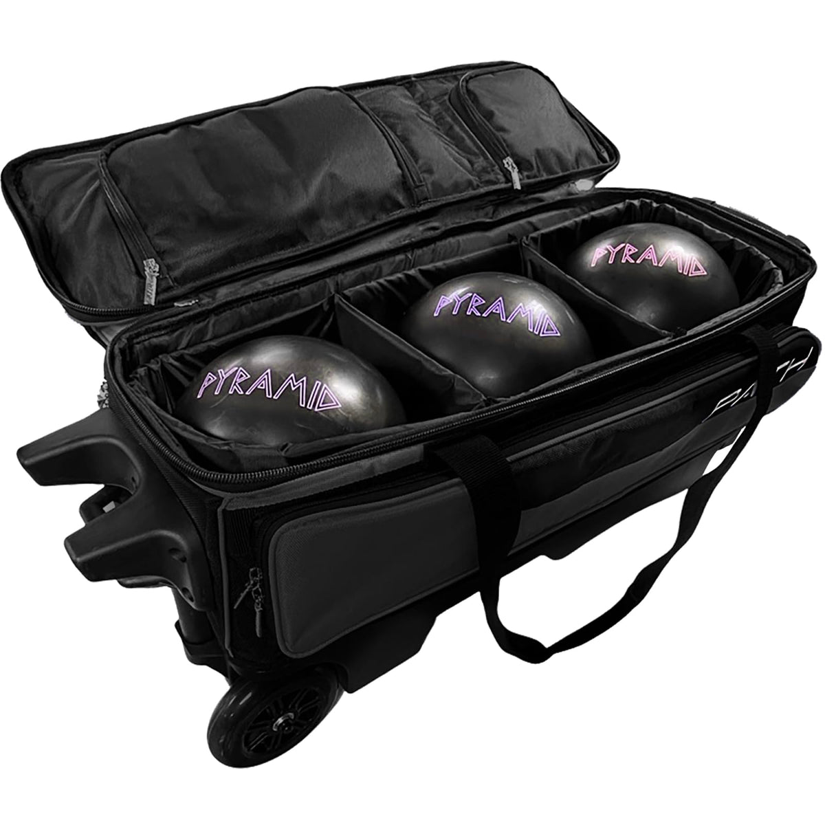 Pyramid Path Triple Premium Deluxe Roller Bowling Bag With Extra Large Separate Shoe Compartment (Up To US Mens Size 16) and 5 Accessory Pockets, 5" Wheels, Retractable Locking Handle - Extends to 42"