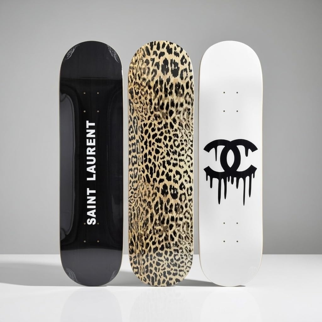 BDTrims 3 Pack Designer-Influenced Pop Art Skateboard Deck Set, Black White and Leopard Print, Premium 7-Ply Maple, Wall Decor, Customization Available