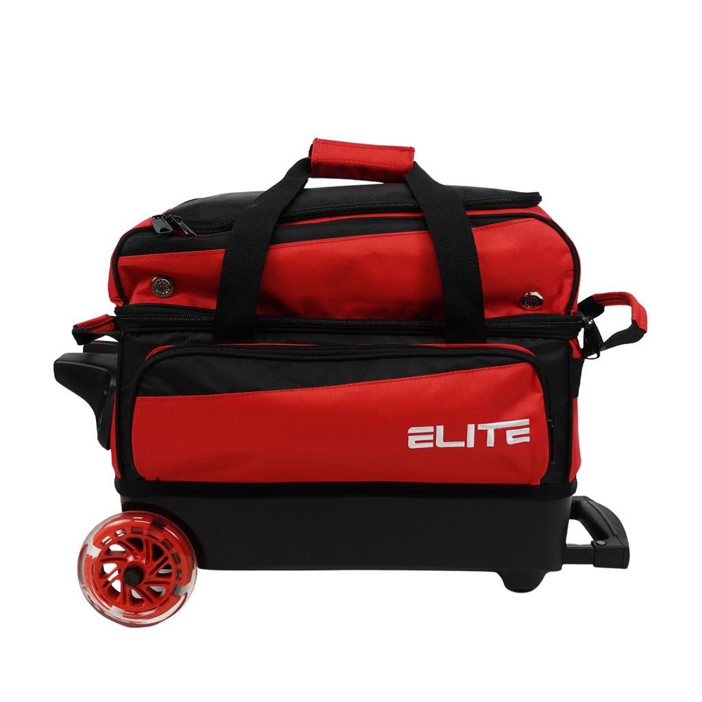 ELITE Deluxe 2 Ball Bowling Bag with 5" Smooth Wheels - Large Accessory Pocket, Shoe Compartment, 36" Extendable Handle