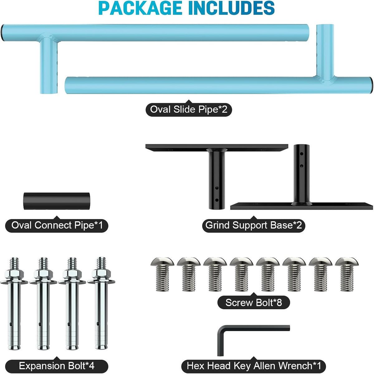 AUH Skateboard Ramp Grind Rail 55 inch Round Skate Rail for for Scooters, Skateboards & Inline Skates, Adjustable Height, Blue