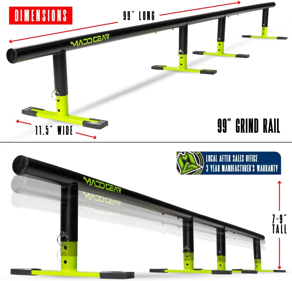 Madd Gear 99" Round Grind Rail for Scooters, Skateboards & Inline Skates â Adjustable Height