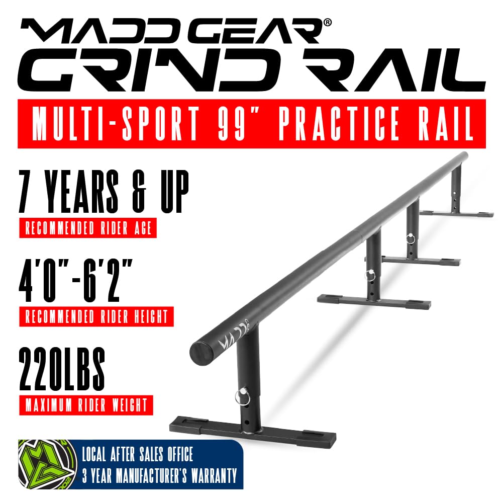 Madd Gear 99" Round Grind Rail for Scooters, Skateboards & Inline Skates â Adjustable Height